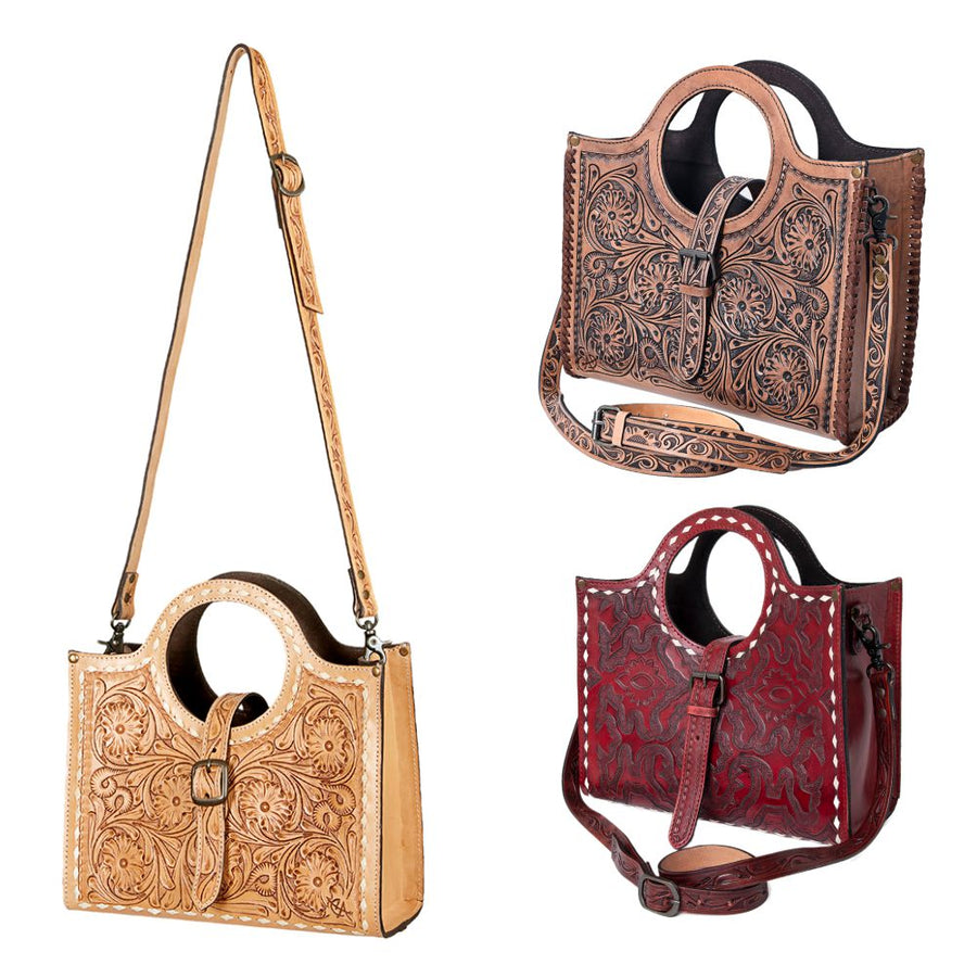 American Darling Western Tote Bag Hand Tooled Floral Carved Genuine Vegetable Tanned Leather Purse with YKK Zipper