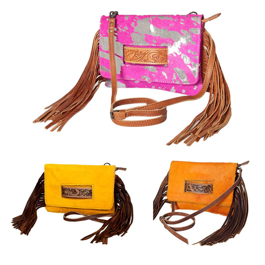 American Darling Small Cross body Bag, Hair-On Cowhide & Hand Tooled Floral Leather, Fringes, Vegetable Tanned Genuine Leather