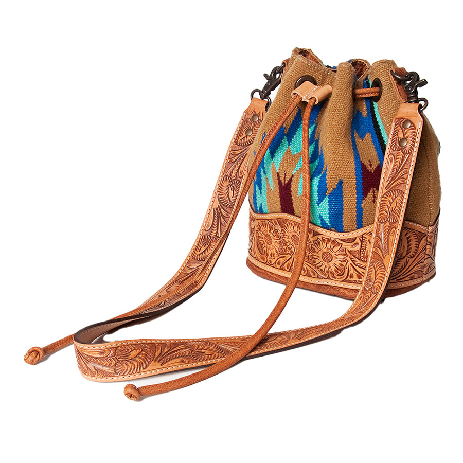 American Darling Bucket Bag Hand Tooled Floral Carved Hand Woven Saddle Blanket Leather Purse with YKK Zipper
