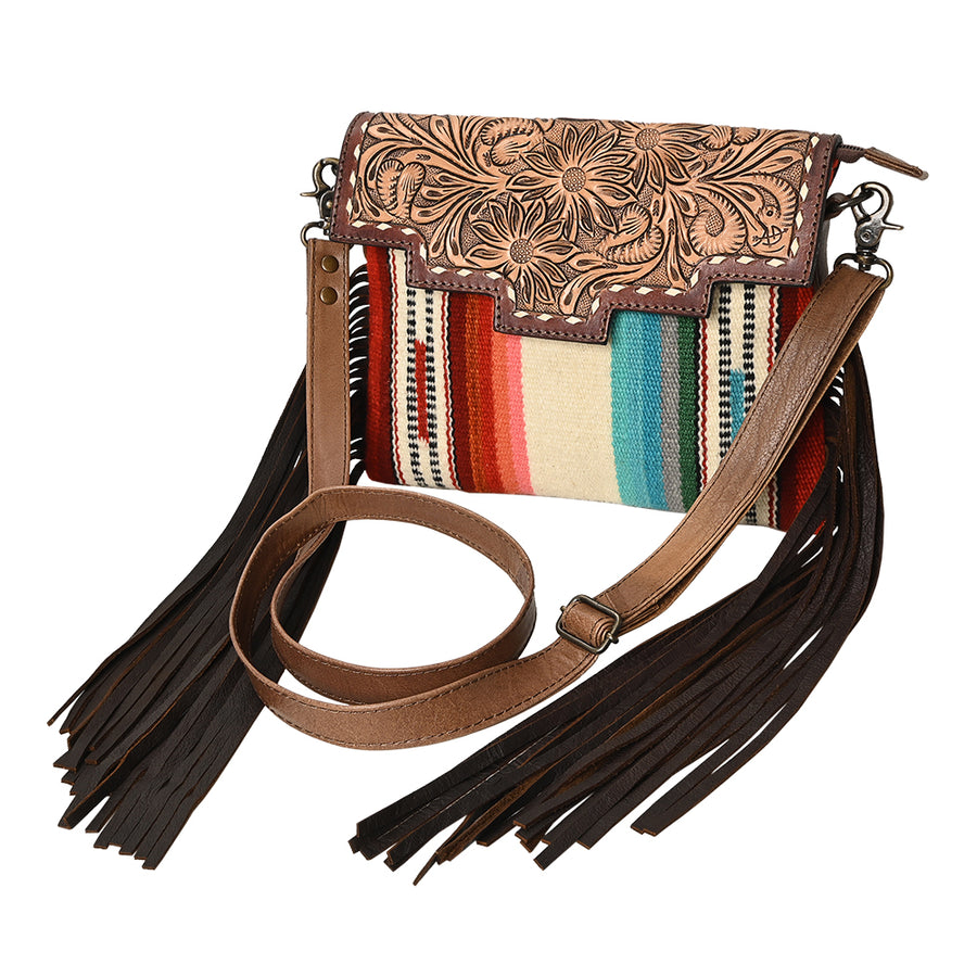 American Darling Cross body Bag Hand Tooled Floral Carved Saddle Blanket Genuine Leather Western Purse with Fringes and YKK Zipper