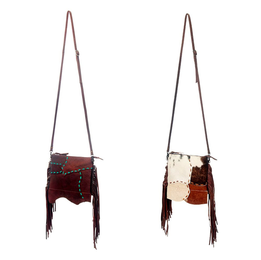 American Darling Cross body Bag Genuine Leather Western Purse with Fringes Buck Stitched Trim and YKK Zipper