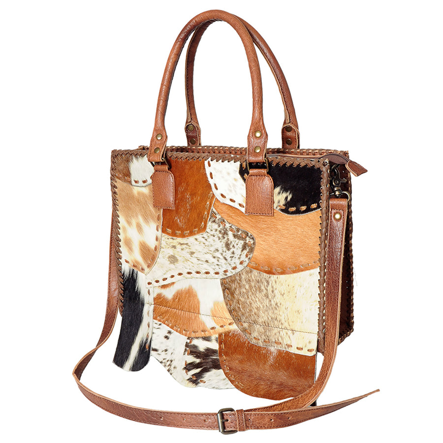 American Darling Tote Bag Genuine Leather Western Purse with Buck Stitched Patchwork Braided Trim and YKK Zipper