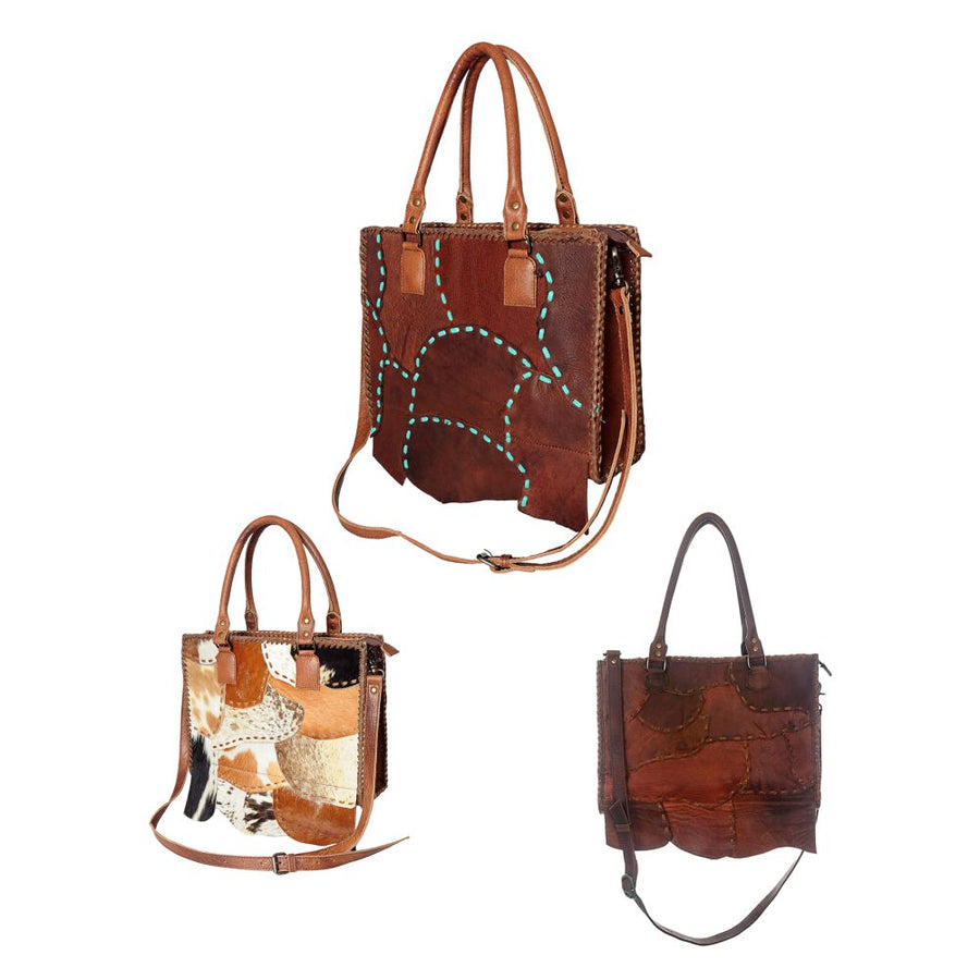 American Darling Tote Bag Genuine Leather Western Purse with Buck Stitched Patchwork Braided Trim and YKK Zipper