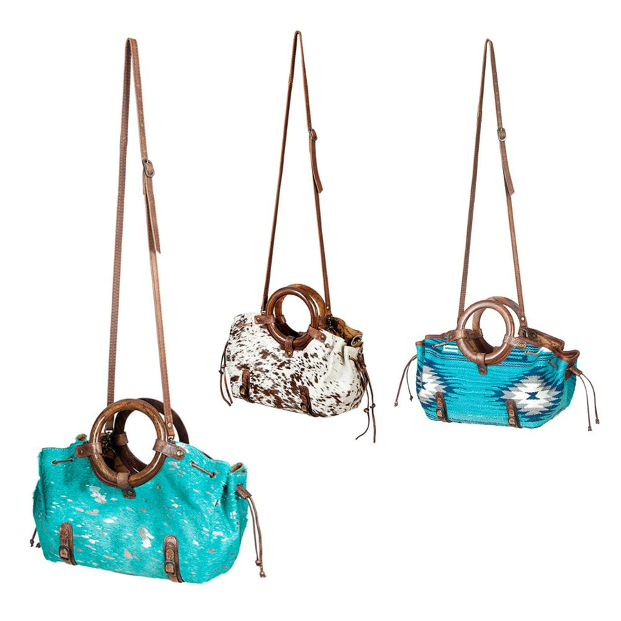 American Darling Tote Bag Hair-On Cowhide Genuine Leather Western Purse with Drawstring and Circular Wooden Handles