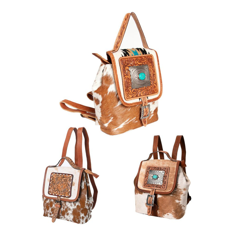 American Darling Backpack Bag Hair-On Cowhide Genuine Leather Western Rucksack with Hand Tooled Trim and YKK Zipper