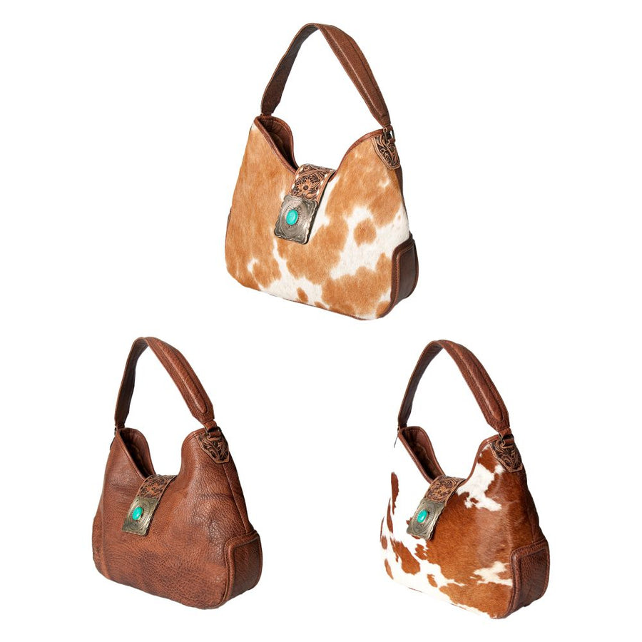 American Darling Hobo Bag Hand Tooled Floral Carved Cowhide Genuine Leather Western Purse with Turquoise Concho & YKK Zipper
