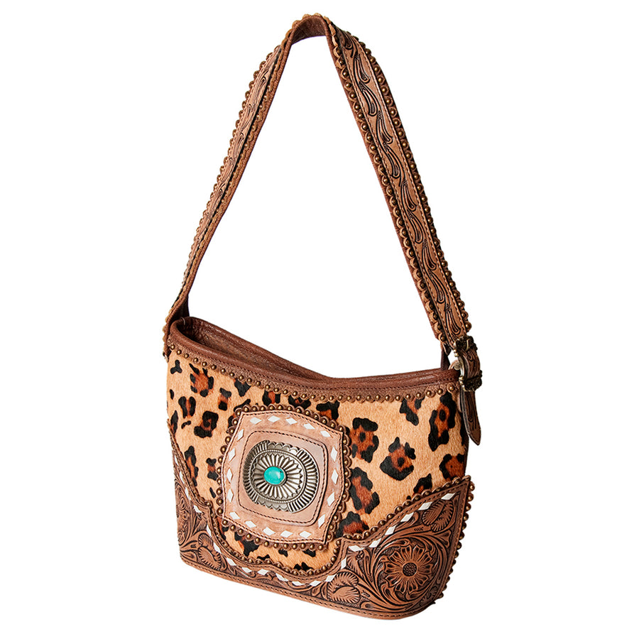 American Darling Hobo Bag Western Hand Tooled Floral Genuine Leather with Turquoise Concho & Buck Stitched Detail for Women