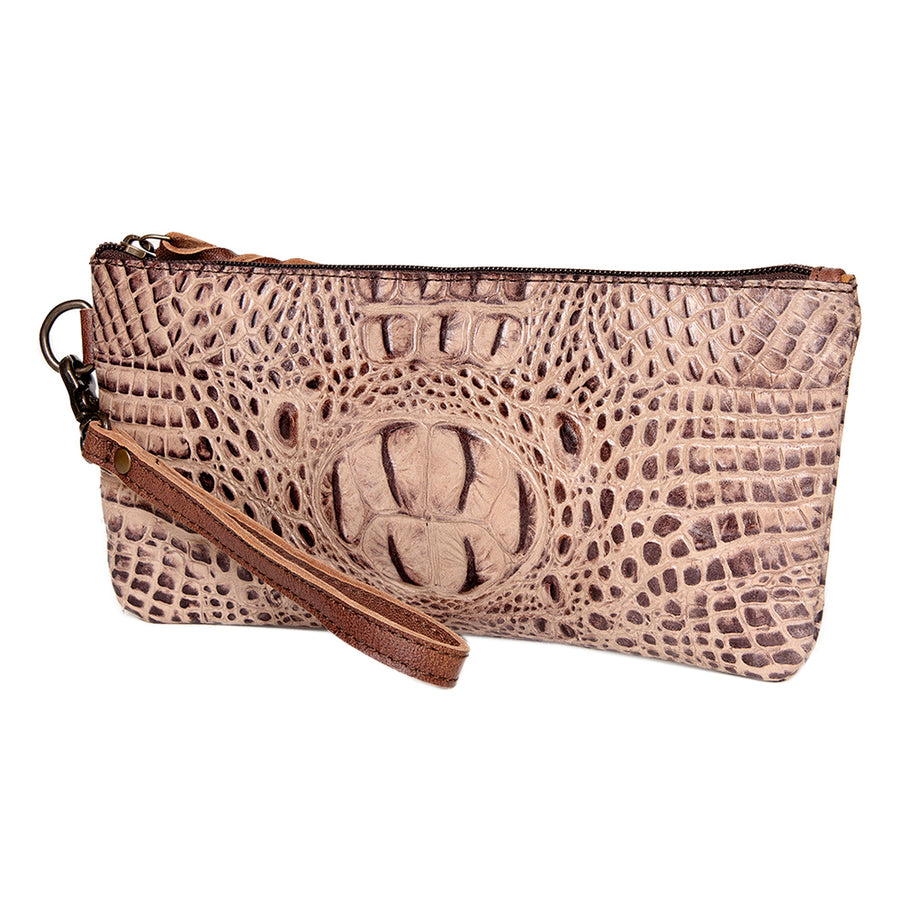 American Darling Wristlet Bag for Women, Crocodile Embossed Full Grain Leather Western Clutch with YKK Zipper & Wrist Strap