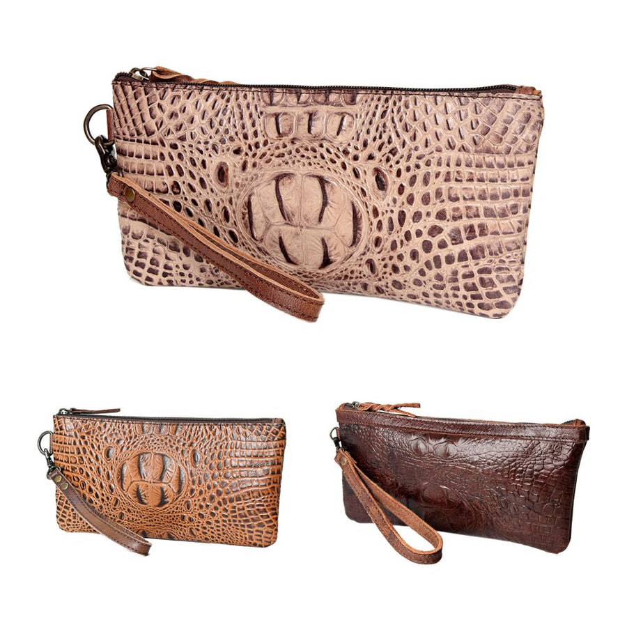 American Darling Wristlet Bag for Women, Crocodile Embossed Full Grain Leather Western Clutch with YKK Zipper & Wrist Strap