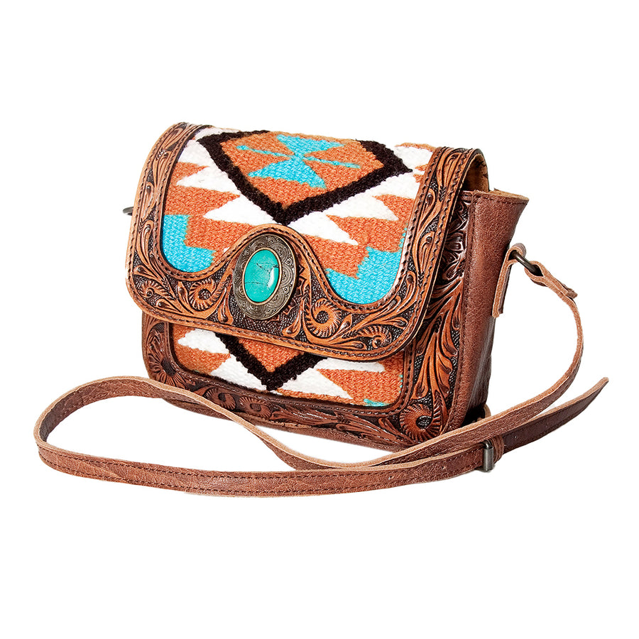 American Darling Western Cross body Bag for Women, Hand Tooled Leather, Hair-On Cowhide, Floral Carved with Turquoise Concho