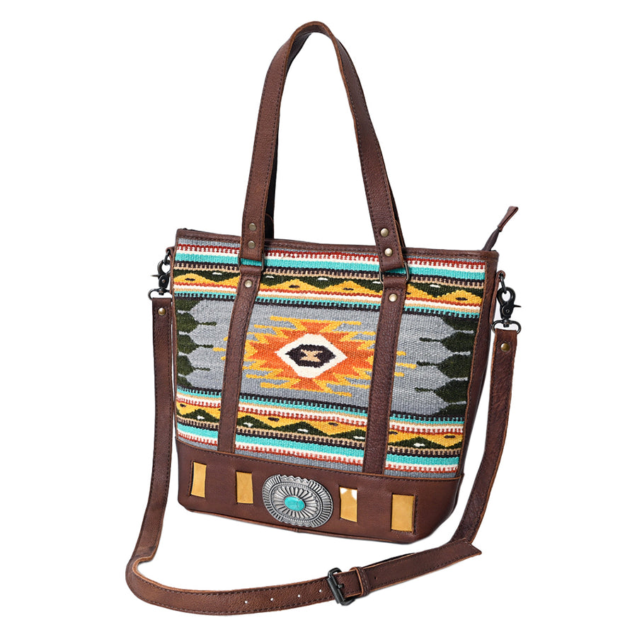 American Darling Western Tote Bag Genuine Leather Hand Woven Saddle Blanket Turquoise Concho Handbag 13in x 15in x 3.5in