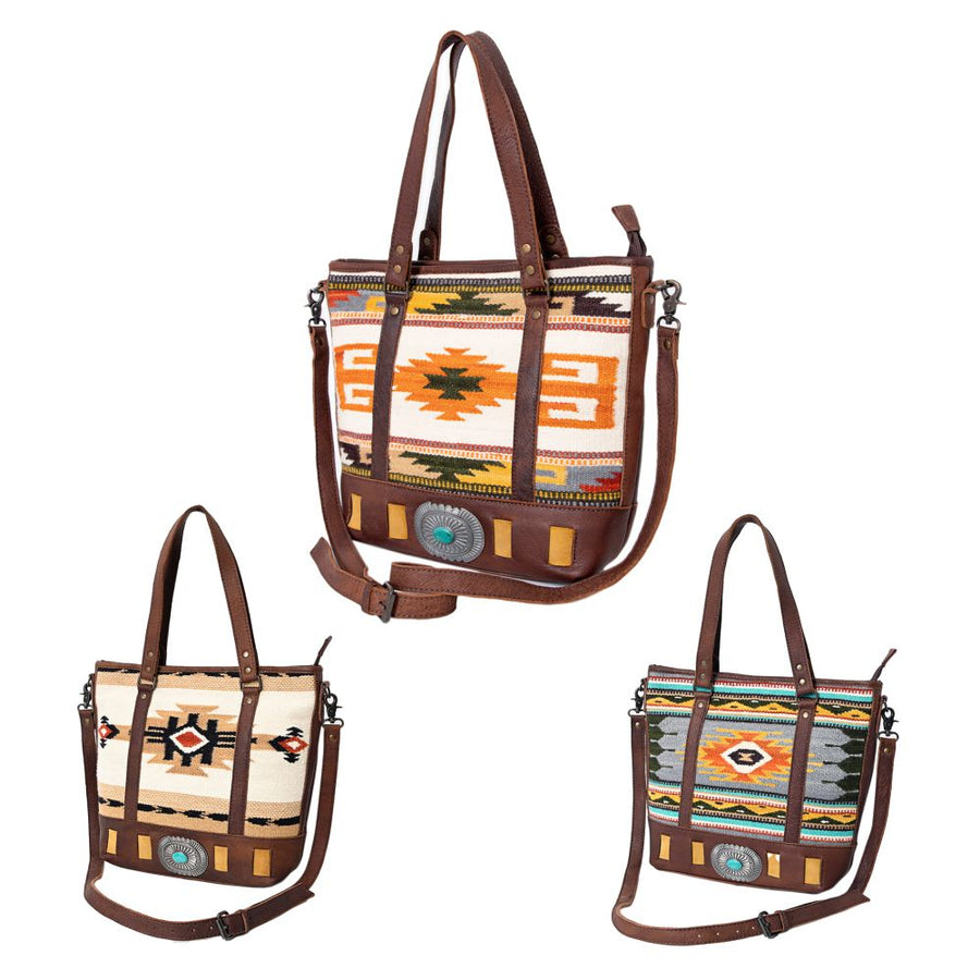American Darling Western Tote Bag Genuine Leather Hand Woven Saddle Blanket Turquoise Concho Handbag 13in x 15in x 3.5in