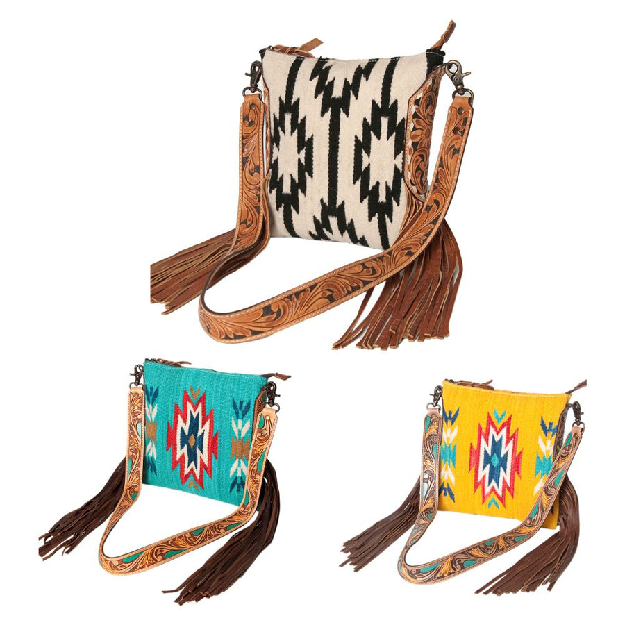 American Darling Large Cross body Bag, Hand-Woven Saddle Blanket & Hand Tooled Leather with Fringes, Western Handcrafted Purse