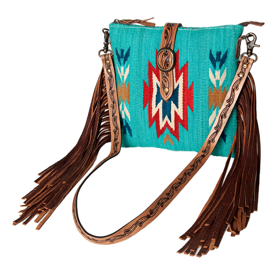 American Darling Hand Woven Saddle Blanket & Handcrafted Western Hand Tooled Cross body Bag, Genuine Vegetable-Tanned Leather