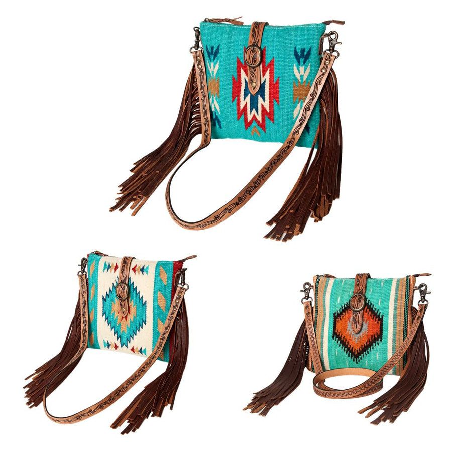 American Darling Hand Woven Saddle Blanket & Handcrafted Western Hand Tooled Cross body Bag, Genuine Vegetable-Tanned Leather