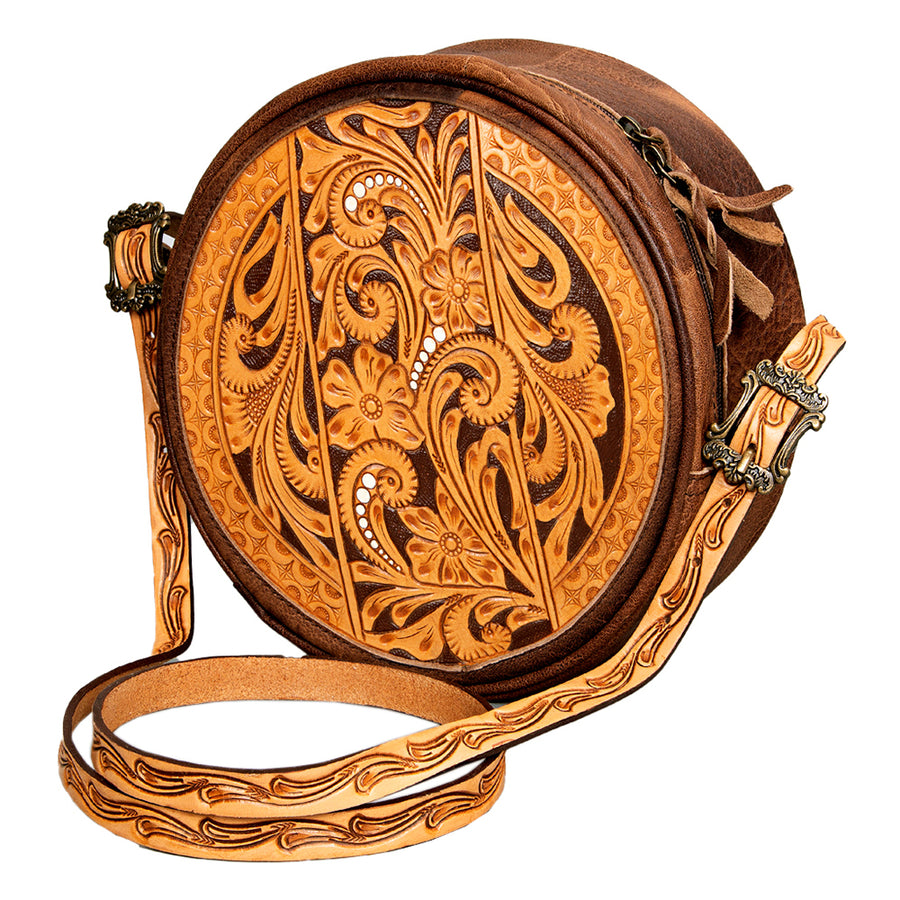 American Darling Canteen Bag, Handcrafted Western Purse, Genuine Leather Hand Tooled Floral Design, Round Crossbody Bag