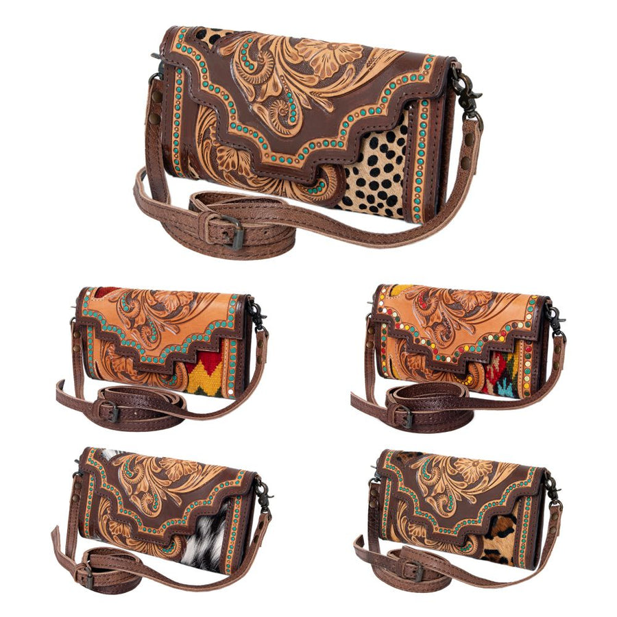 American Darling Wallet, Hair-On Cowhide & Hand Tooled Floral Leather, Genuine Vegetable-Tanned Western Leather Clutch