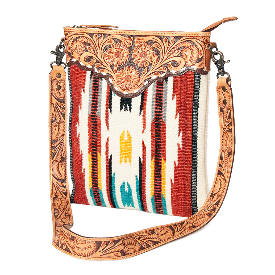 American Darling Large Cross body Bag Hand Tooled Floral Carved Genuine Leather Hand Woven Saddle Blanket Western Purse for Women