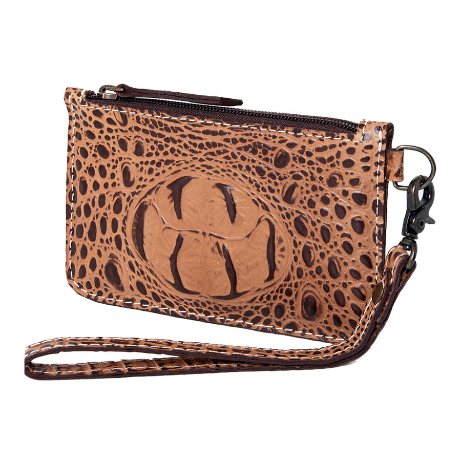 American Darling Western Leather Wristlet Bag, Crocodile Embossed Full Grain Genuine Leather, Eco-Friendly Artisan Clutch