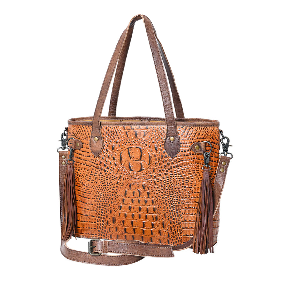 American Darling Western Leather Tote Bag, Crocodile Embossed Full Grain Genuine Leather, Eco-Friendly Handcrafted Purses