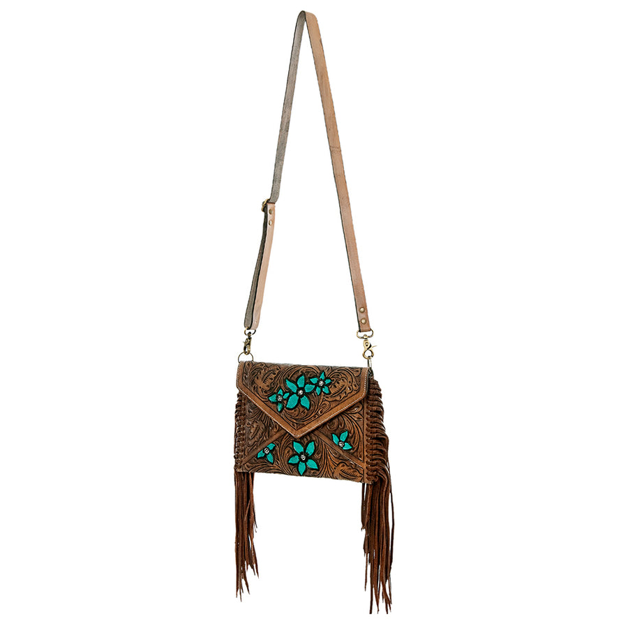 American Darling Women's Hand Tooled Floral Carved Leather Envelope with Fringes and Eco-Friendly Full Grain Leather