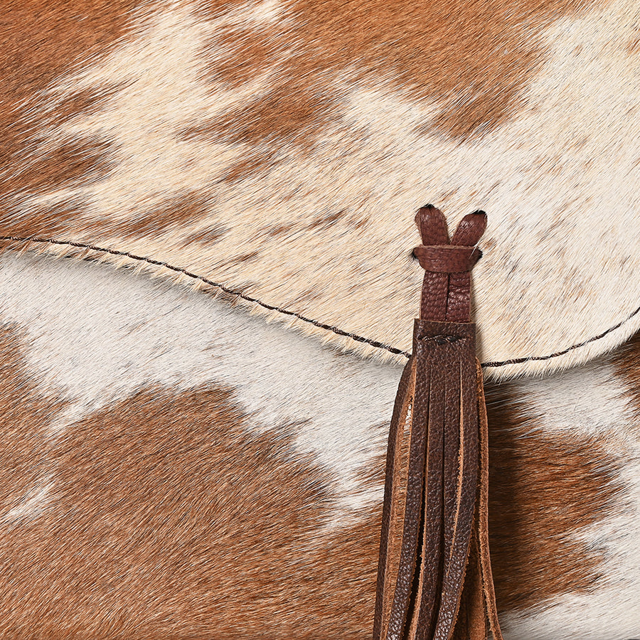 American Darling Cross body Bag, Hair-On Cowhide & Genuine Vegetable-Tanned Leather, Western Purse with Tassels, 6.5in x 11.75in