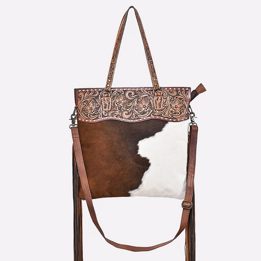 American Darling Tote Bag, Genuine Vegetable-Tanned Leather, Hand Tooled Floral Hair-On Cowhide Western Purse, 16in x 15in