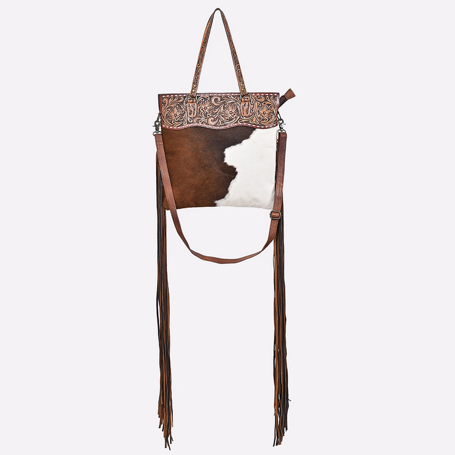 American Darling Tote Bag, Genuine Vegetable-Tanned Leather, Hand Tooled Floral Hair-On Cowhide Western Purse, 16in x 15in