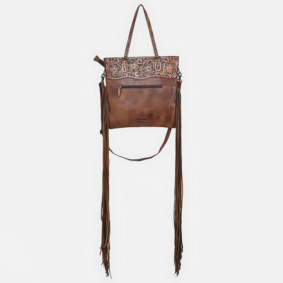 American Darling Tote Bag, Genuine Vegetable-Tanned Leather, Hand Tooled Floral Hair-On Cowhide Western Purse, 16in x 15in