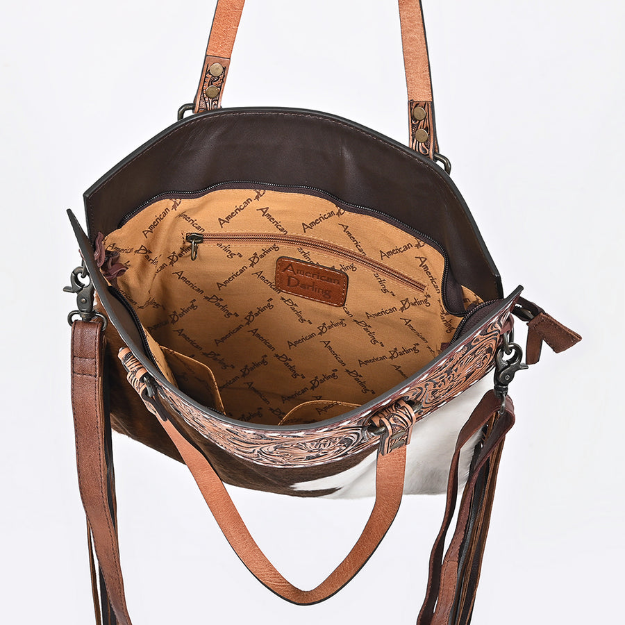 American Darling Tote Bag, Genuine Vegetable-Tanned Leather, Hand Tooled Floral Hair-On Cowhide Western Purse, 16in x 15in