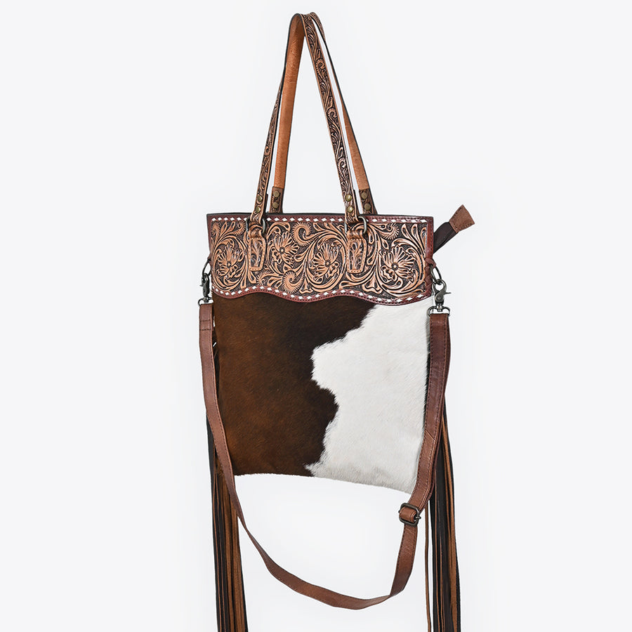 American Darling Hand Tooled Floral Leather Tote Bag with Hair-On Cowhide and Fringes - Uhorse