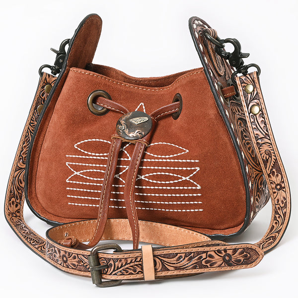 American Darling Hand Tooled Floral Genuine Suede Hobo Bag with Boot Stitch and Concho - Uhorse