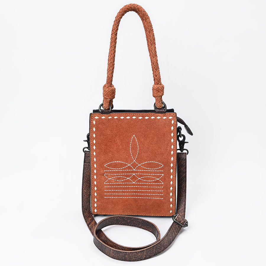 American Darling Tote Bag, Genuine Suede Leather, Boot Stitched Western Purse, 10in x 8in x 3in