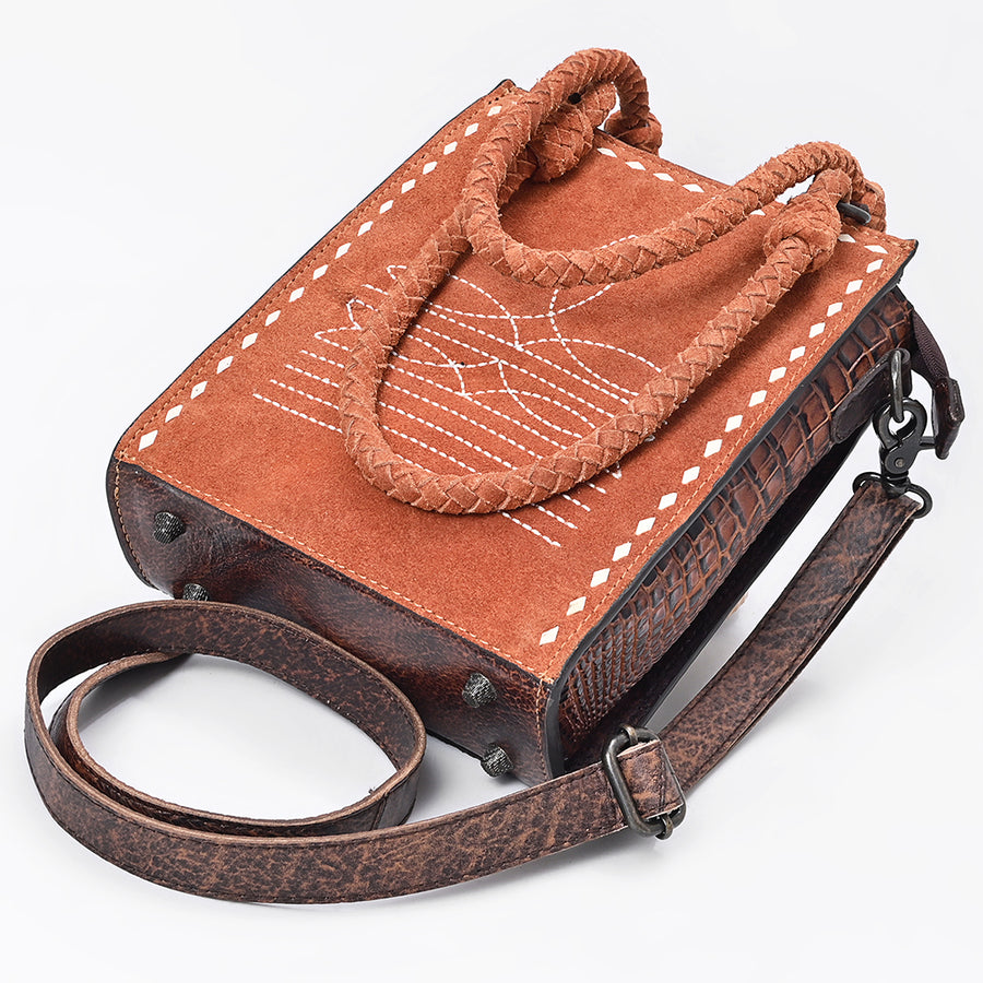 American Darling Tote Bag, Genuine Suede Leather, Boot Stitched Western Purse, 10in x 8in x 3in