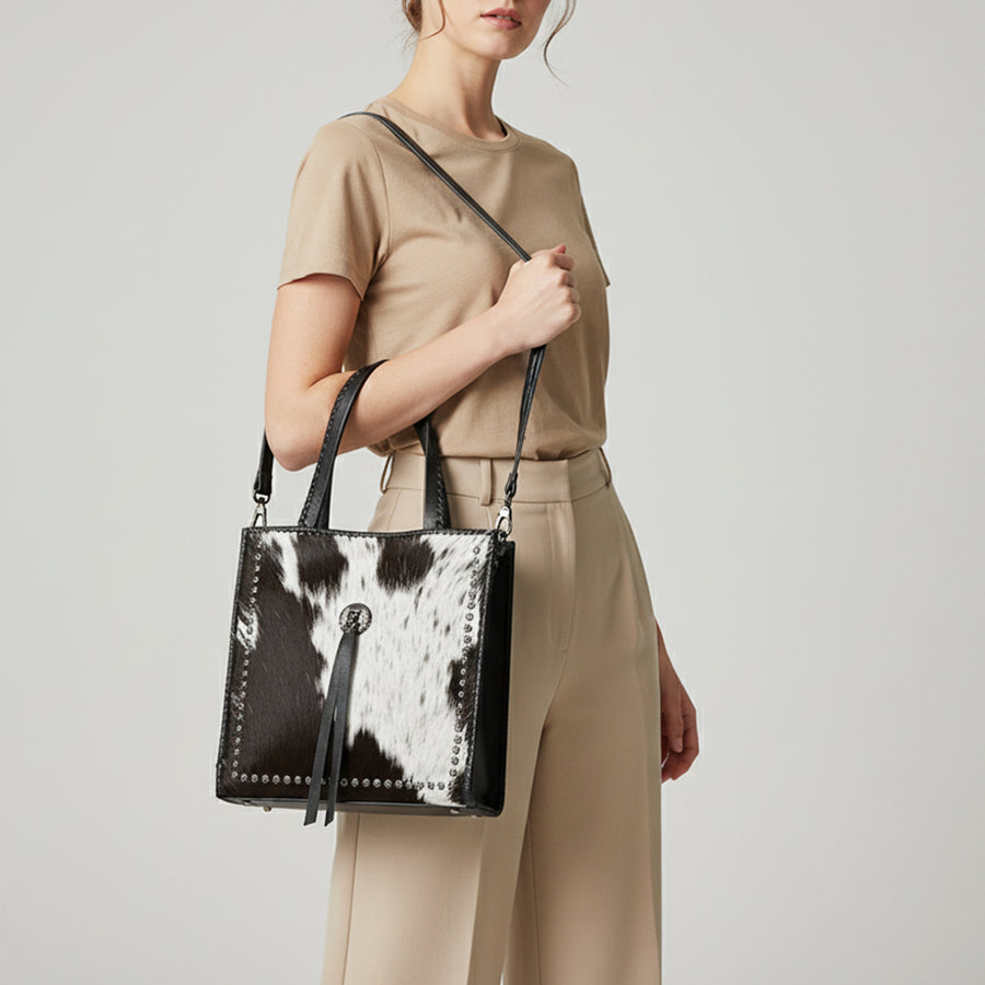 American Darling Tote Bag, Genuine Hair-On Cowhide & Vegetable-Tanned Leather, Braided Handles Western Purse,