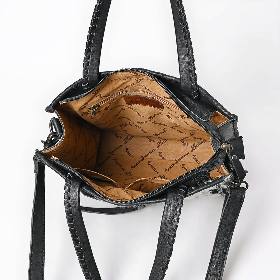 American Darling Tote Bag, Genuine Hair-On Cowhide & Vegetable-Tanned Leather, Braided Handles Western Purse,