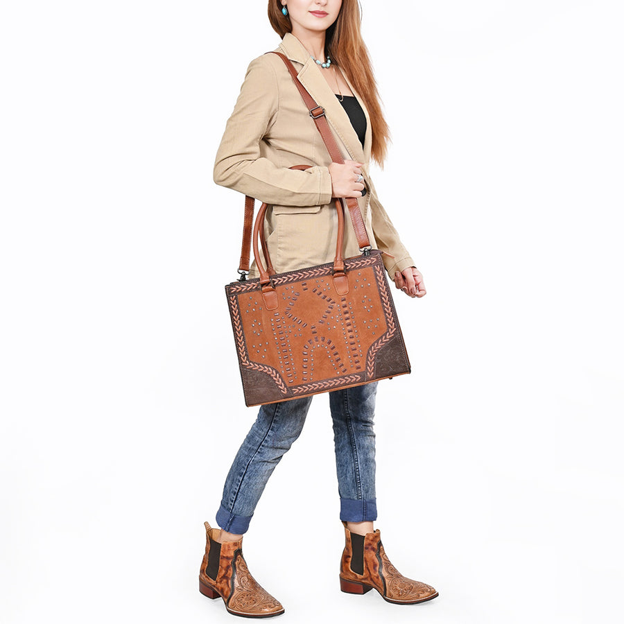 American Darling Tote Bag, Genuine Suede & Damascus Embossed Leather, Western Purse with Braided Accents,