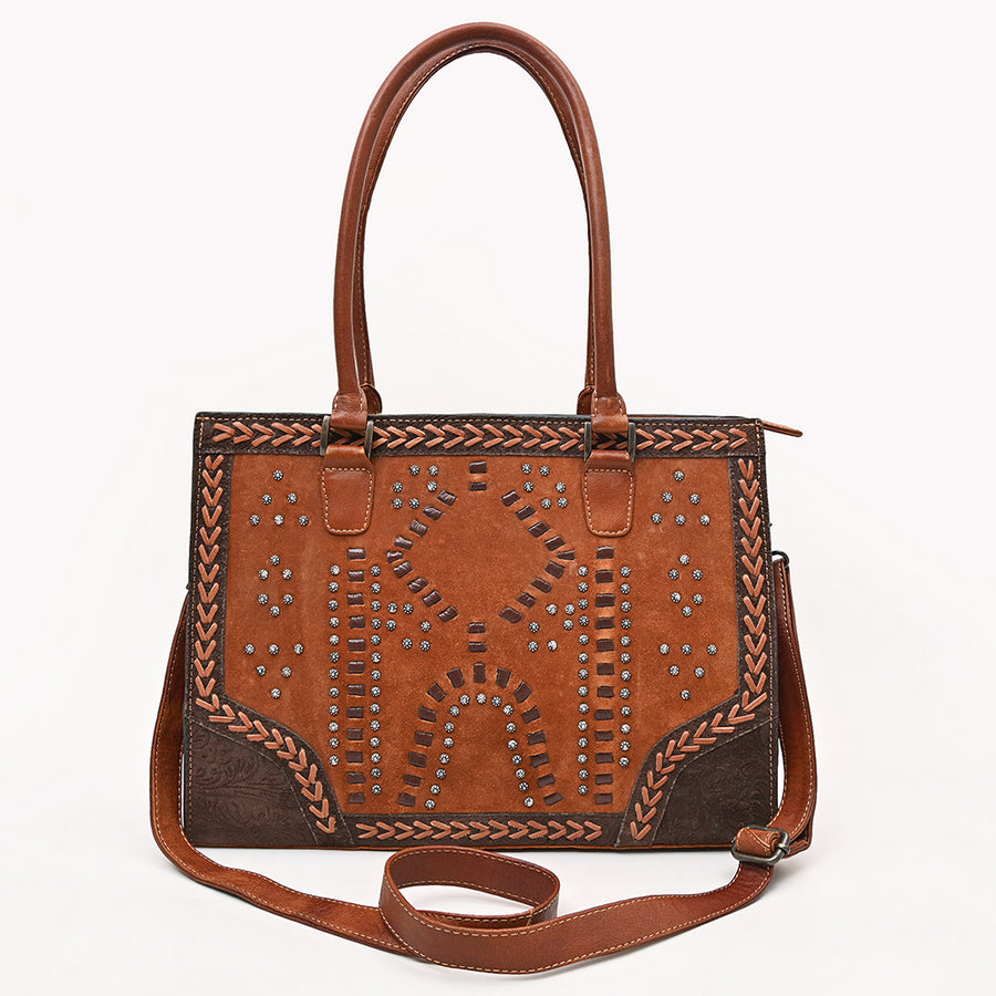 American Darling Tote Bag, Genuine Suede & Damascus Embossed Leather, Western Purse with Braided Accents,