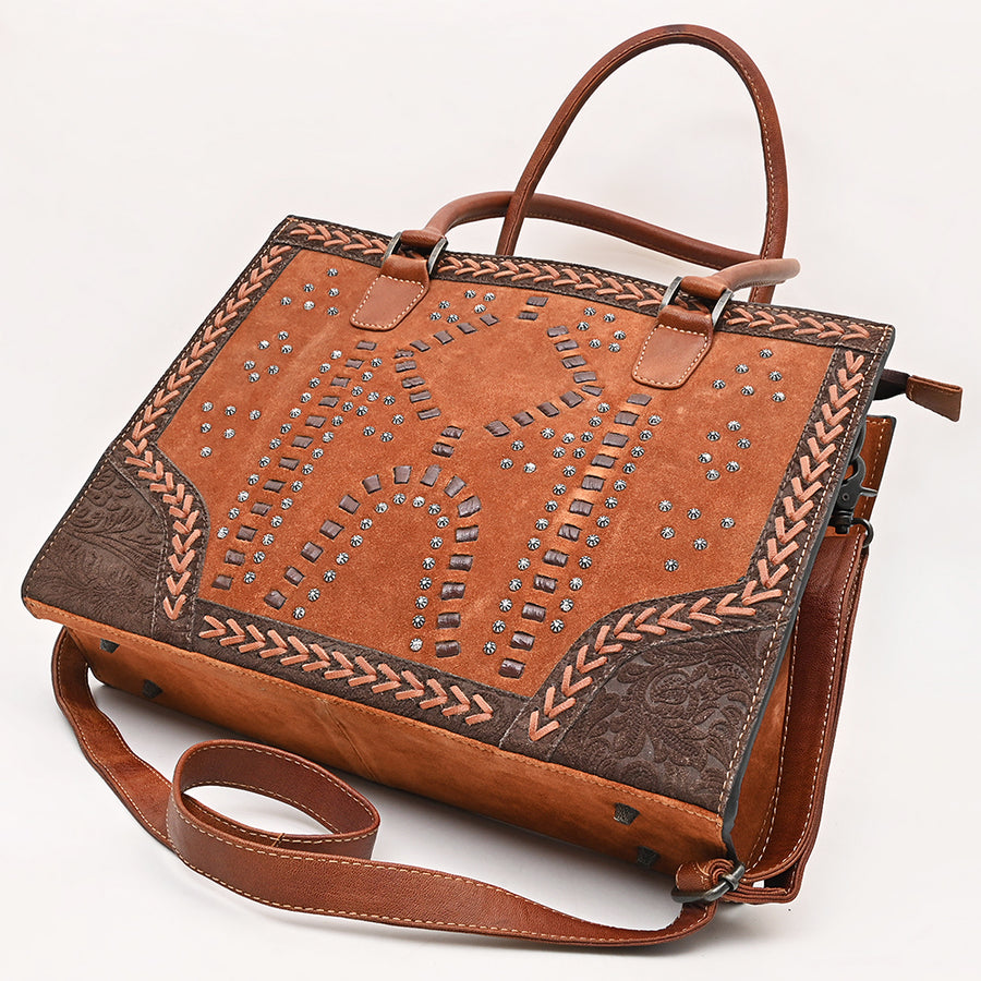 American Darling Tote Bag, Genuine Suede & Damascus Embossed Leather, Western Purse with Braided Accents,