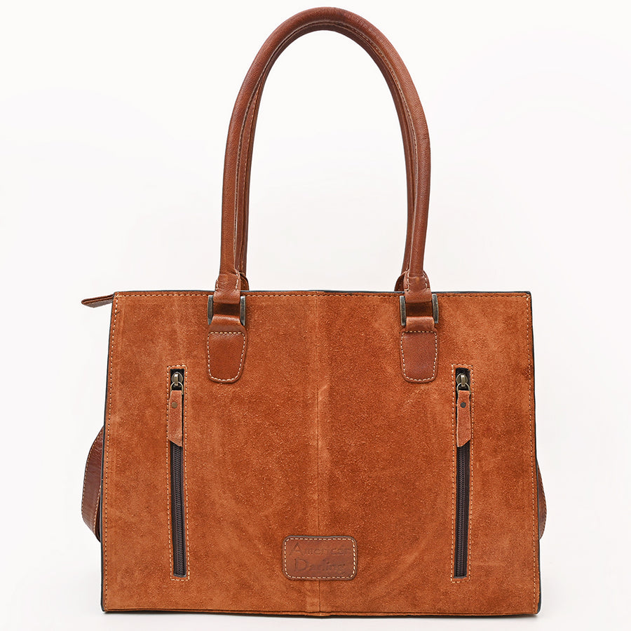 American Darling Tote Bag, Genuine Suede & Damascus Embossed Leather, Western Purse with Braided Accents,