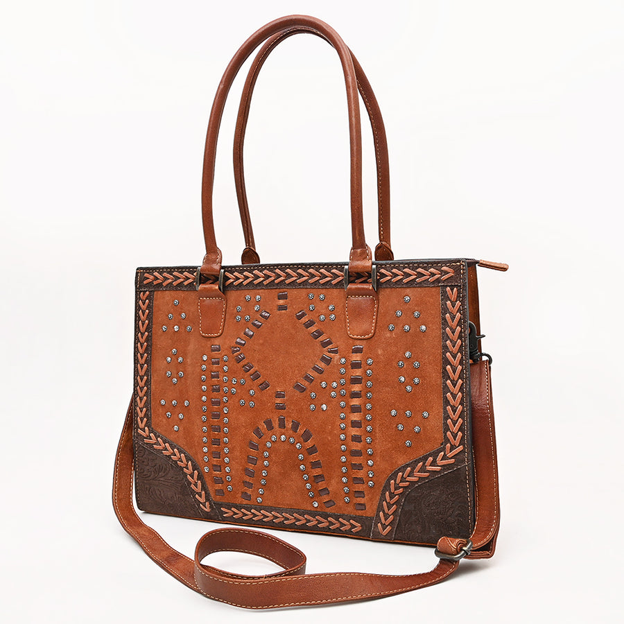 American Darling Western Genuine Suede Tote Bag with Rivets Embossed Damascus Detailing - Uhorse