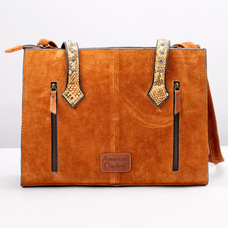 American Darling Tote Bag, Genuine Suede & Vegetable-Tanned Leather, Western Purse with Boot Stitching