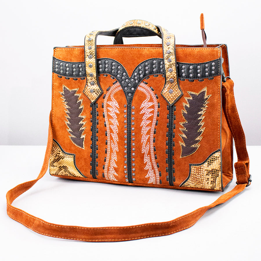 American Darling Western Genuine Suede Tote Bag with Boot Stitching and Rivet Accents - Uhorse