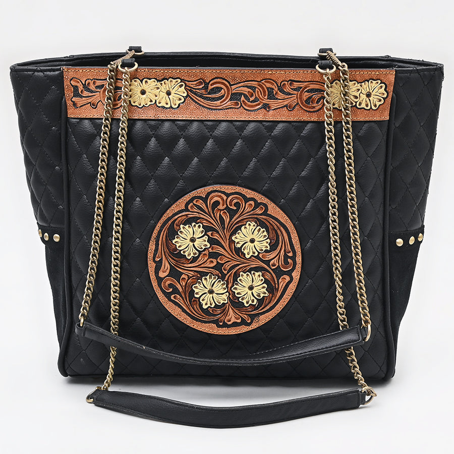 American Darling Genuine Leather Tote Bag Hand Tooled Quilted Floral Carved Eco-Friendly Vegetable Tanned Full Grain Leather