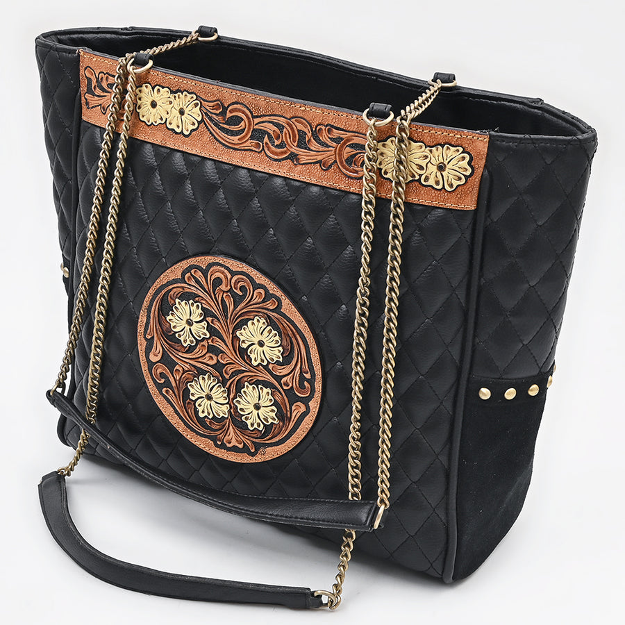 American Darling Genuine Leather Tote Bag Hand Tooled Quilted Floral Carved Eco-Friendly Vegetable Tanned Full Grain Leather
