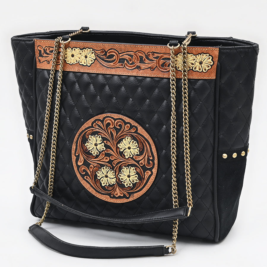 American Darling Hand Tooled Leather Tote Bag Quilted Floral Carved - Uhorse