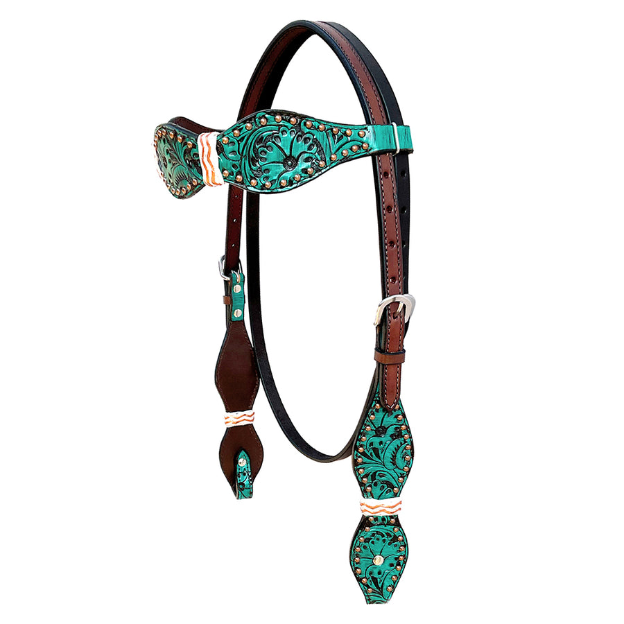 Hilason Western Horse Floral Hand Painted American Leather Tack Set Rawhide Braided Turquoise / Brown
