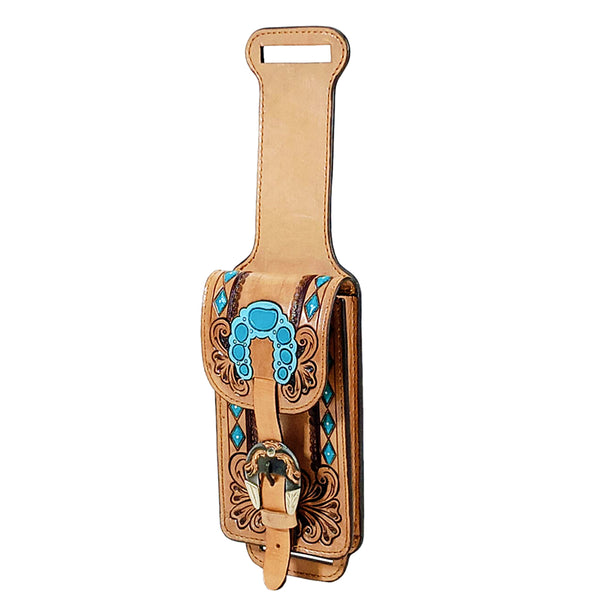 Tan leather bottle holder with turquoise tooling and conchos - Uhorse