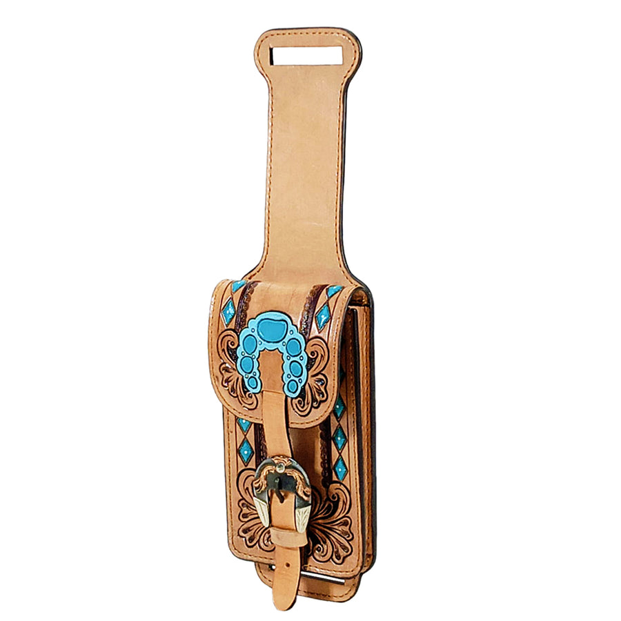 Tan leather bottle holder with turquoise tooling and conchos - Uhorse