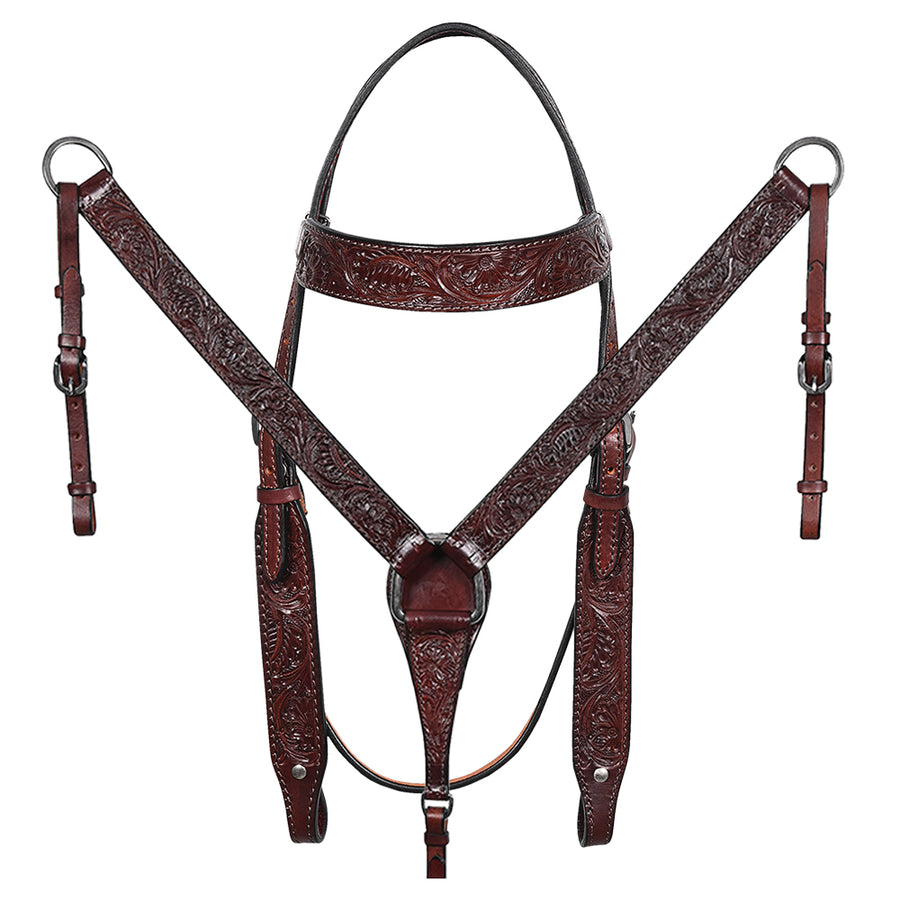 Hilason Western Horse Genuine Leather Headstall Breast Collar Brown Floral Hand Carved Stainless Steel Hardware - Uhorse